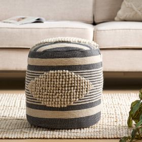 Lucknow Boho Handcrafted Fabric Cylinder Pouf, White and Navy Blue