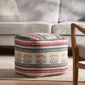 Hamler Boho Handcrafted Peruvian Print Cube Pouf, White, Pink, and Multi-Blue