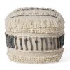 Proto Boho Handcrafted Fabric Cube Pouf, Ivory and Blue
