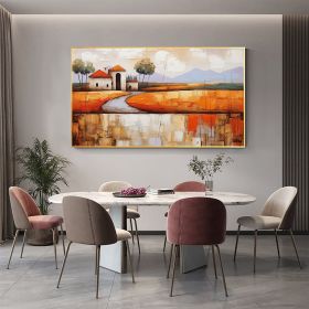 Hand Painted Oil Painting Abstract Village Oil Painting on Canvas Large Wall Art Original Minimalist Orange Landscape Art Custom Painting Boho Living (style: 1, size: 50x100cm)