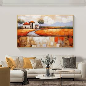 Hand Painted Oil Painting Abstract Village Oil Painting on Canvas Large Wall Art Original Minimalist Orange Landscape Art Custom Painting Boho Living (style: 1, size: 75x150cm)